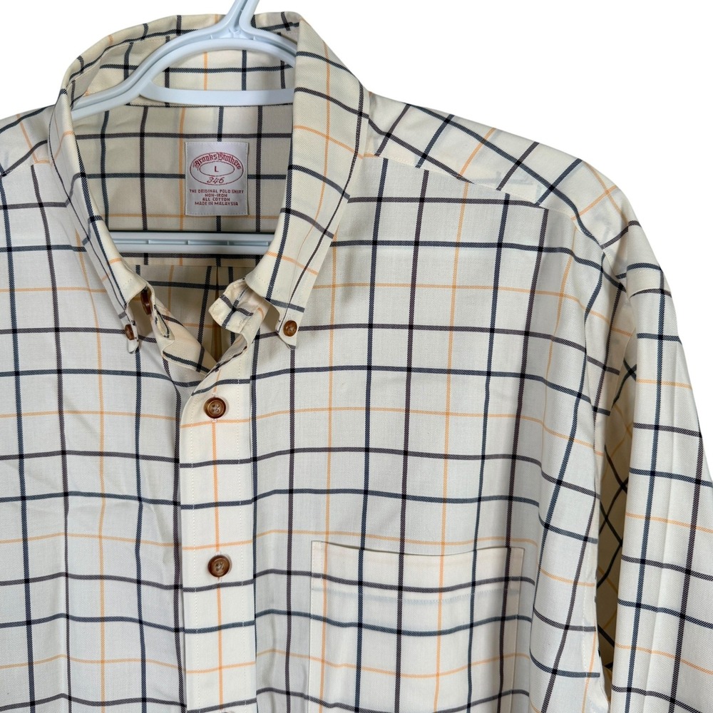 Brooks Brothers 346 Button Down Shirt Mens L Cream Navy Orange‎ Plaid Non-Iron
